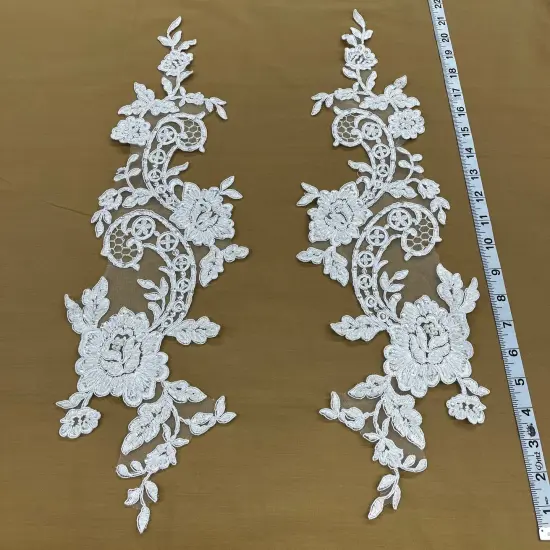 1 Pair Beaded & Corded Floral Lace Applique for Bridal & Quinceanera Dresses 100% Polyester Mesh 20" x 5.5" Each Side Gold Metallic {5}
