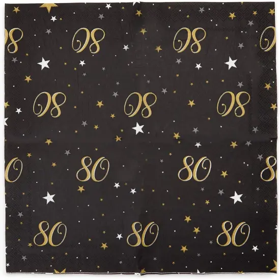 100 Pack Bulk Happy 80th Birthday Napkins for Party Decorations, 2-Ply, Black and Gold (6.5 x 6.5 In) {7}