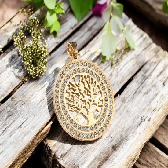 40mm Gold Plated Stainless Steel Rhinestone Tree of LIfe Pendant {1}