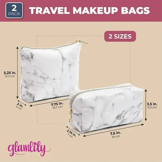 Set of 2 White Marble Makeup Organizer Bag, Cosmetic Storage Pouch, Travel Toiletry Case {2}
