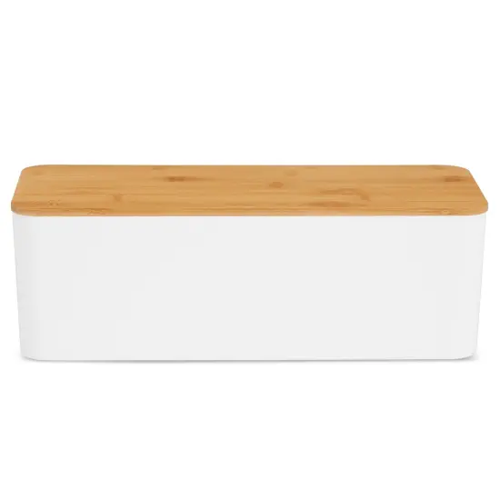 Box for Cable Management, 1 Large ABS Cord Organizer Box with Bamboo Lid, White {6}