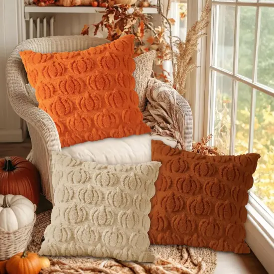 Autumn Pumpkin Throw Pillow Cases Soft Plush Faux Fur Wool 20 x 20 Autumn Cushion Cover {2}