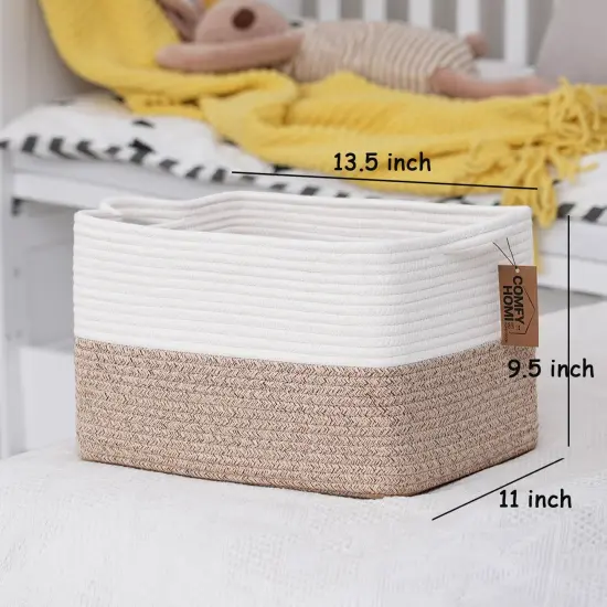 COMFY-HOMI Cotton Rope Woven Basket with Handles for Shelves,Toys,Book, Cloth Storage Baskets for Organizing-13.5" x 11" x 9.5" Toy Decorative Organizer for Living Room, Bathroom (White/Brown) {6}