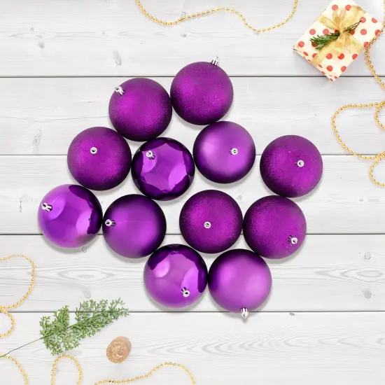 Northlight Shatterproof 4-Finish Christmas Ball Ornaments 4" (100mm) - Purple - Set of 12 {1}