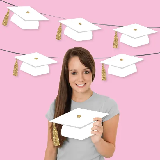 Big Dot of Happiness White and Gold Graduation Cap Decorations, DIY Large Grad Hat Cut-Outs, Double-Sided Grad Party Essentials - Set of 20 {4}