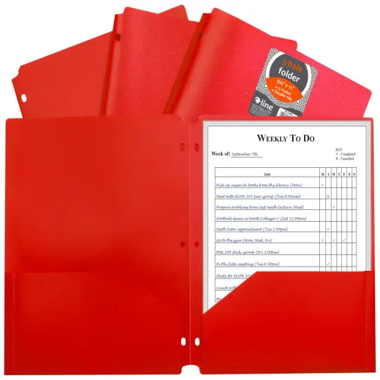 C-Line 2-Pocket Poly Folder, 3 Hole Punched, Red, Pack of 25 {2}