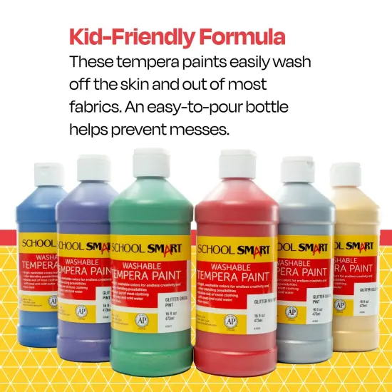 School Smart Washable Tempera Paints, Assorted Glitter Colors, Pint Set of 6 {7}