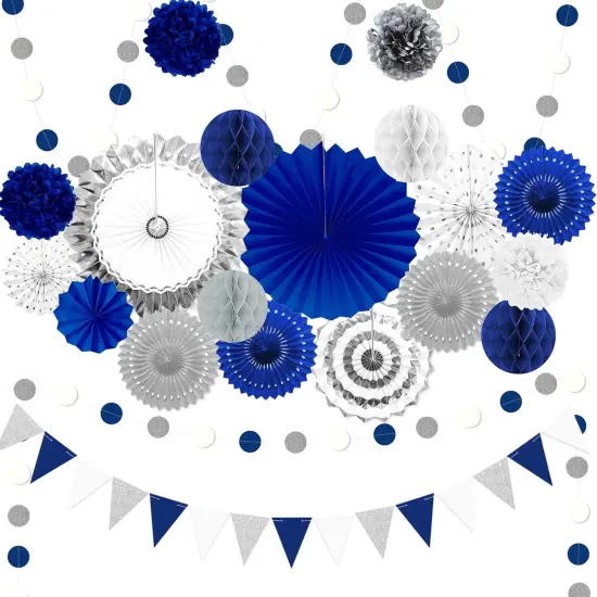 Navy Blue and Sliver Paper Fan Party Decoration {1}