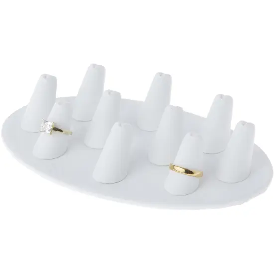 Plymor White Faux Leather Ring Finger Display, Ten on Oval Base, 7.5" W x 4.5" D x 1" H {3}