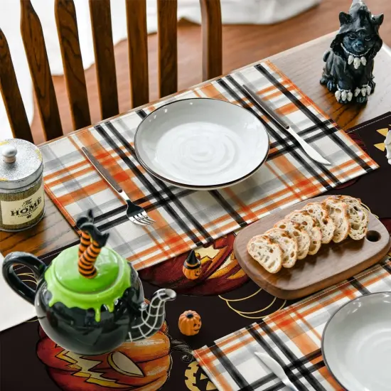 Set of 4 Orange and Black Buffalo Plaid Fall Placemats - 12x18 Inch {3}