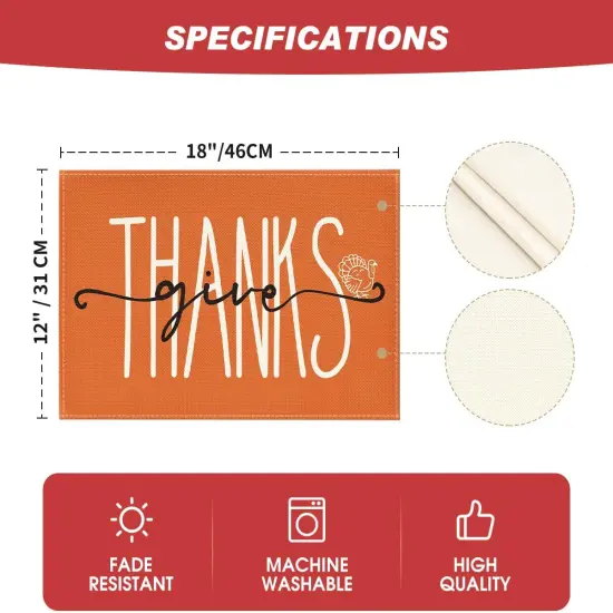 Set of 4 Give Thanks Turkey Fall Placemats - 12x18 Inch (Orange) {5}