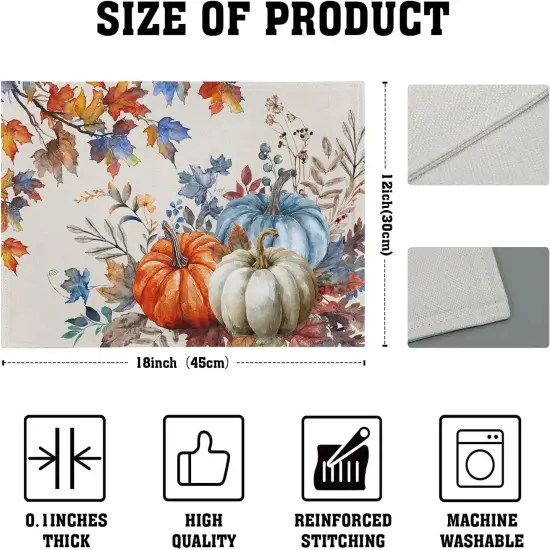 Set of 4 Blue and Orange Pumpkin Fall Placemats - 12 x 18 Inch {4}