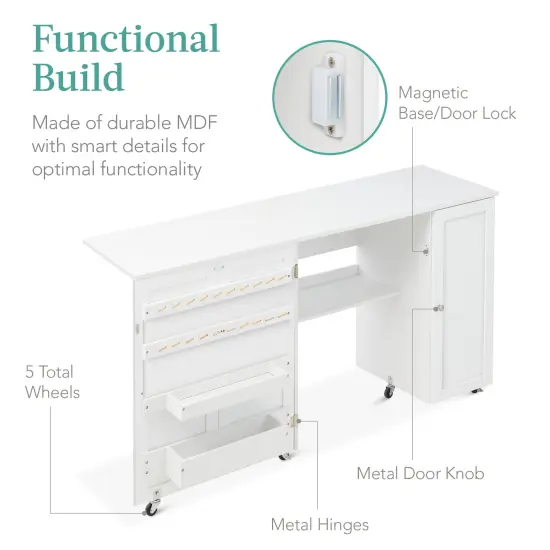 Best Choice Products Large Portable Multipurpose Folding Sewing Table w/ Magnetic Doors, Craft Storage White {3}