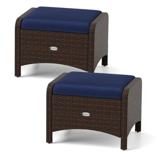 2 Pieces Patio PE Wicker Ottomans with Removable Cushions and Metal Frame Beige {7}