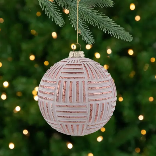 Northlight Textured Stripes Glass Christmas Ball Ornament - 4" (100mm) - White and Rose Gold {1}