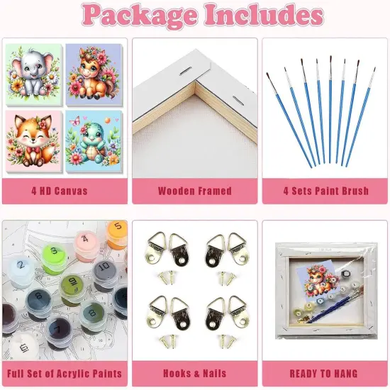 4 Pack Animal Paint by Number for Kids with Wooden Frame-Paint by Numbers for Kids Animals Ages 4-8-12,Easy Elephant Fox Sea Turtle Horse DIY Acrylic Oil Painting Kits for Home Wall Decor(8X8inch) {4}