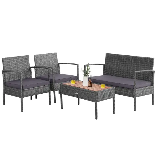 Costway 8PCS Patio Rattan Furniture Set Cushioned Chair Wooden Tabletop Gray {3}