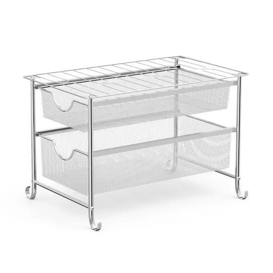 2-Tier Metal Under Sink Sliding Cabinet Basket Organizer Bathroom Storage Shelf {2}
