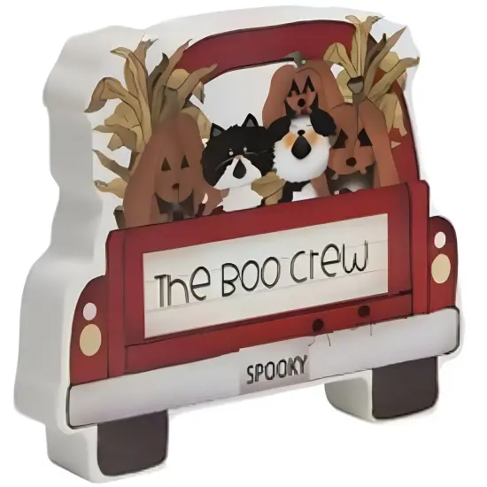 Red Wooden Spooky Truck Sitter with Cat Dog Pumpkins and The Boo Crew Design {2}