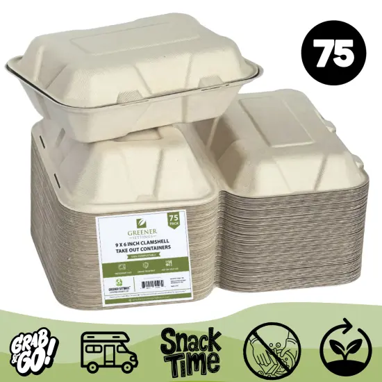 Greener Settings 75-Pack Compostable 9x6 Inch Clamshell Food Containers, Disposable Heavy-Duty Bagasse To-Go Boxes, Microwavable, Recyclable, Freezer Safe for Nachos, Wings, Cookies, Meals {4}