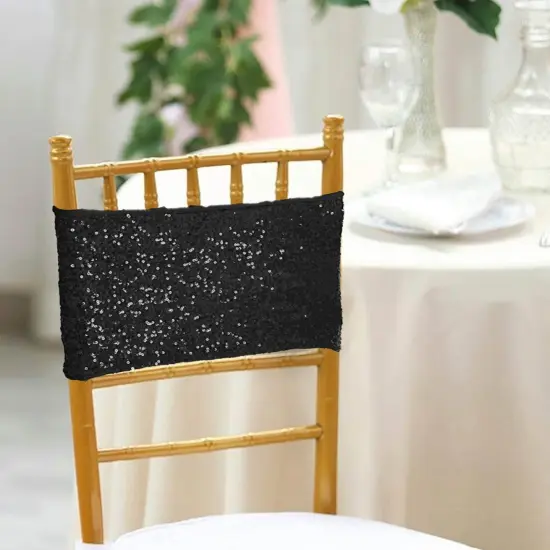 10 Pieces Sleek Black Sequin Stretch Spandex Chair Bands 7 x 13 Inches {3}