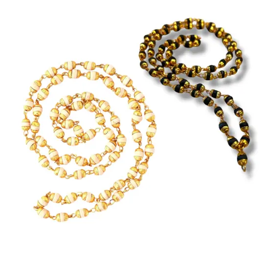 Tulsi Mala Necklace 4.8mm Holy Basil Beads Tibetan Buddhist Rosary Tulsi Neck Mala with Gold Caps for Pooja Meditation Yoga Hare Rama Hare Krishna Prayer beads White {2}