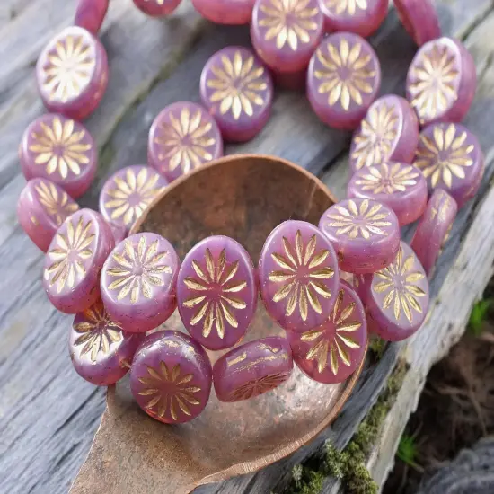 *15* 12mm Gold Washed Pink Opaline Aster Flower Coin Beads {2}
