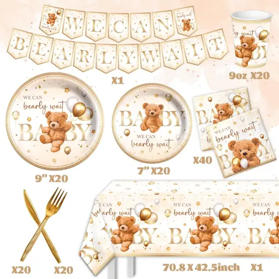 142 Pcs Bear Baby Shower Party Supplies &ndash; Tableware Set for 20 Guests {3}