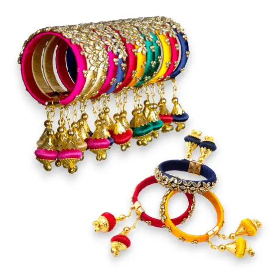 Silk Thread Bangles Designer Kundan Bangle Bracelet Set for Women Ethnic Handmade Beautiful and Stylish Assorted Kangan with Latkan Free Size Fashion Jewelry for Indian Wedding {1}
