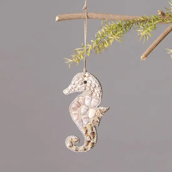 Shell & Glass Beaded Lac Sea Horse Ornament - Brown & White {1}