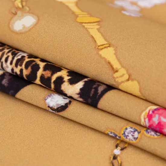 1 Yard Beige Pink Gold Cheetahs Gems Silk Charmeuse Fabric 55 inch Width {3}