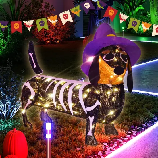 Pre-lit 25.5 Inches Long Halloween Skeleton Dachshund Dog Lighted Decor {2}