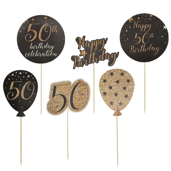 50th Birthday Decorations Party Centerpieces, Black and Gold Stick Table Toppers, 4 Designs (30 Pieces) {3}