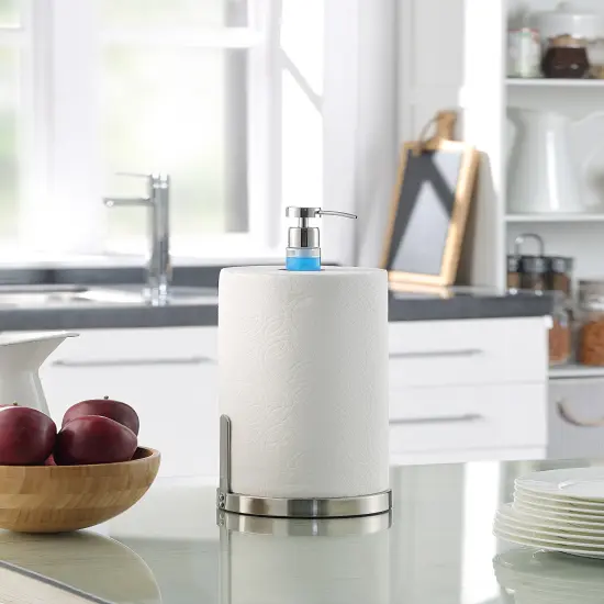 Heavy Weighted Paper Towel Holder Stand Dispenser Built-in Pump Bottle Silver {2}