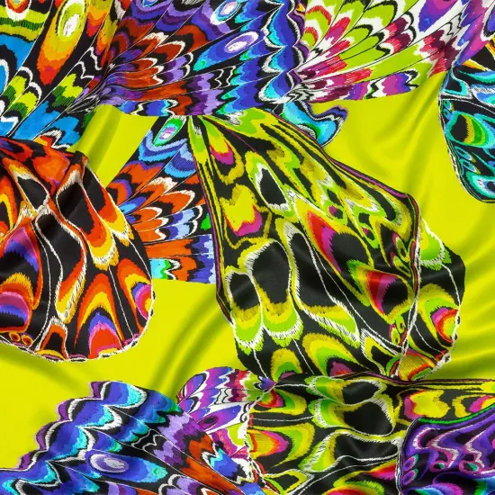 1 Yard Italian Lime Green, Blue and Purple Butterfly Wings Silk Charmeuse Fabric 52 Inches Wide {1}