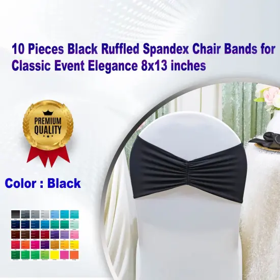10 Pieces Black Ruffled Spandex Chair Bands for Classic Event Elegance 8x13 inches {1}