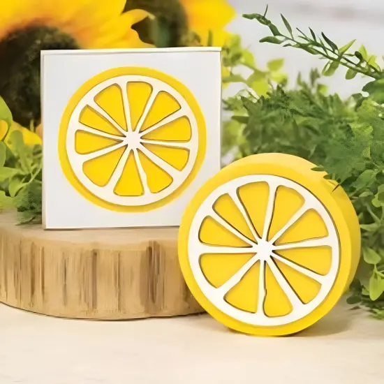 Wooden Lemon Slice Round Sitter with Cut-Out Wall Design Display {2}
