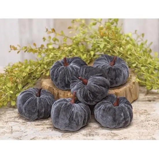 Set of 6 Grey Velvet Pumpkins with Plastic Stem for Home Decor {2}