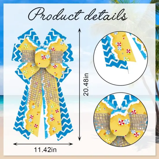 Large Summer Bows for Wreath, Summer Wreath Bows Ocean Sea Wave Bows Blue Yellow Burlap Bow Holiday Farmhouse Craft Bows for Front Door Summer Beach Pool Party Decorations Supplies {2}