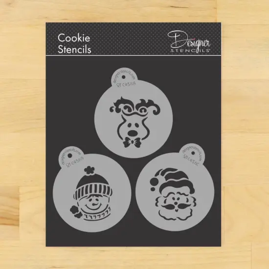 Whimsical Holiday Cookie Stencil Set: Snowman, Reindeer, Santa | C458 by Designer Stencils | Cookie Decorating Tools | Baking Stencils for Royal Icing, Airbrush, Dusting Powder | Reusable Food Grade Stencil for Cookies | Easy to Use & Clean Stencil {1}
