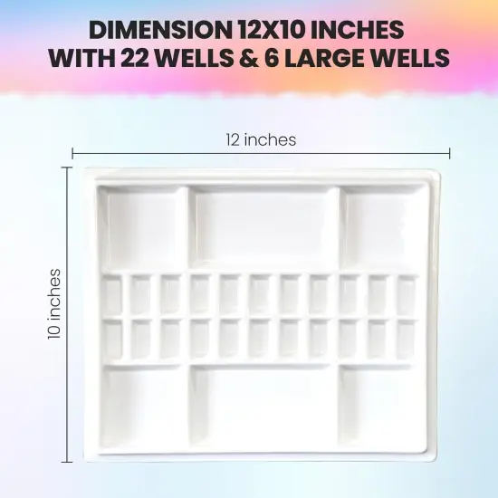 Ceramic Watercolor Paint Palette with Wooden Lid - 12x10 Inch Porcelain Mixing Tray with 22 Wells and 6 Large Wells - Professional Palette for Gouache, Acrylics, and More - Durable Design {4}