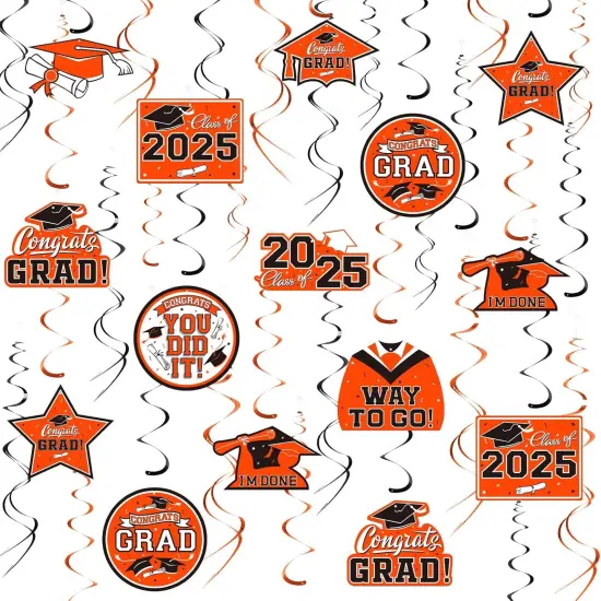 31 Pieces Graduation Decorations Class of 2025, Graduation Hanging Swirl Congrats Grad and Graduation Party Decorations(Orange, Black) {5}