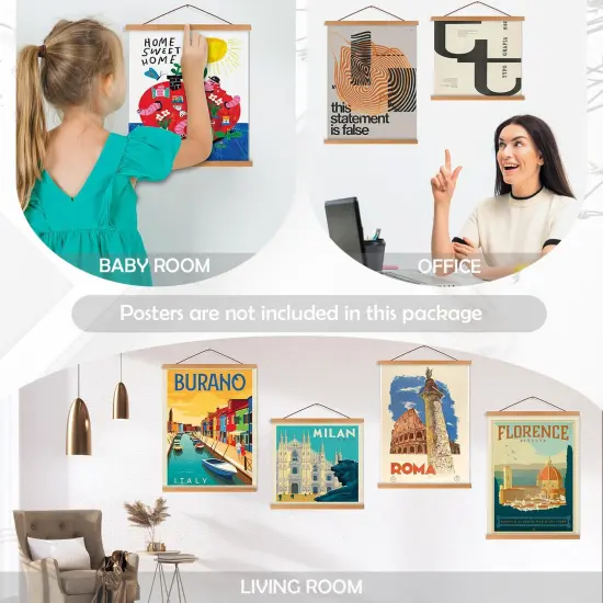 4 Pack Magnetic Poster Hanger Frame, 8x10 8x12 8x24 Light Wood Wooden Magnet Poster Frame for Maps Canvas Artwork Pictures Poster Hangers Frames (Teak,8") {2}