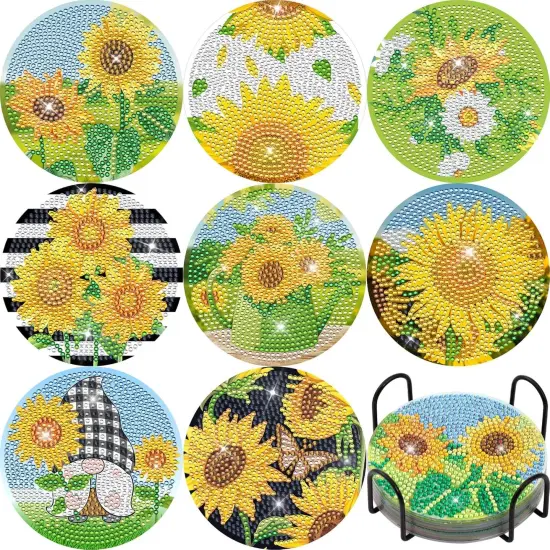 8 Pieces Sunflower Diamond Art Painting Coasters DIY 5D Full Drill Coasters Acrylic Round Cup Coaster with Holder Cork Pads for Spring Summer Party Home Decor DIY Crafts {1}
