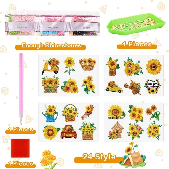 24 Pcs Diamond Art Stickers for Kids Sunflower Diamond Painting Stickers 5D DIY Gem Painting Kit Paint by Numbers Diamonds Spring Mosaic Back to School Gift for Boy Girl {4}