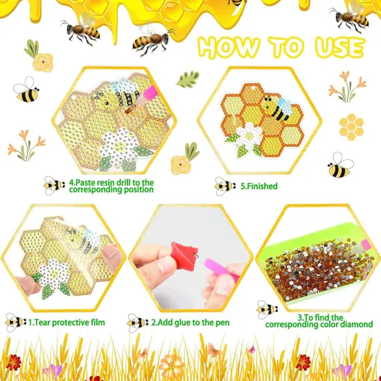 15 Pcs Bee DIY 5D Diamond Painting Keychain Spring Nature Full Drill Making Key Chains Key Ring Diamond Art Keychains Pendant DIY Diamond Accessories for Spring Summer Easter Decor {4}