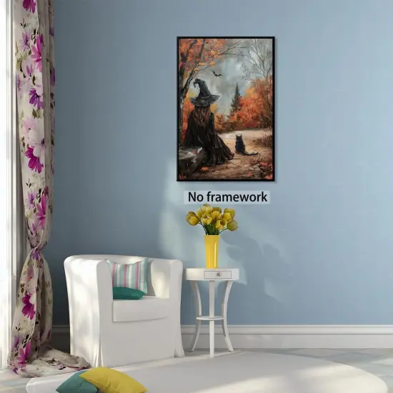 Witch and Cat Oil Painting Wall Art Vintage Halloween {5}