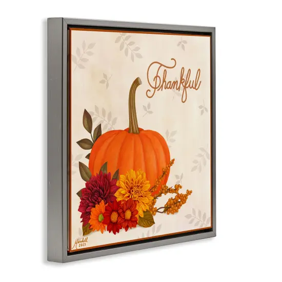 Thankful Pumpkin & Florals Floating Frame Canvas Art Gold {9}