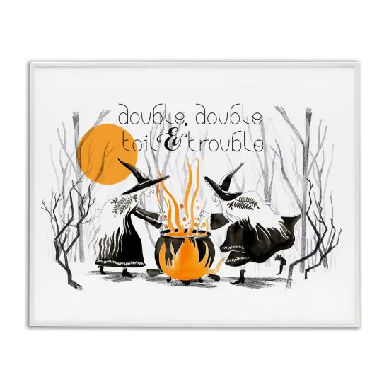 Double Toil Trouble Witches & Cauldron Halloween Illustration Framed Giclee Art Black {7}