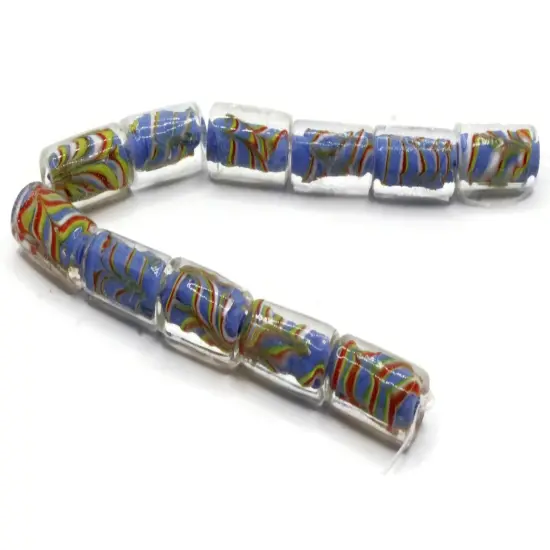 11 18mm Blue Red and Yellow Lampwork Glass Tube Beads {2}